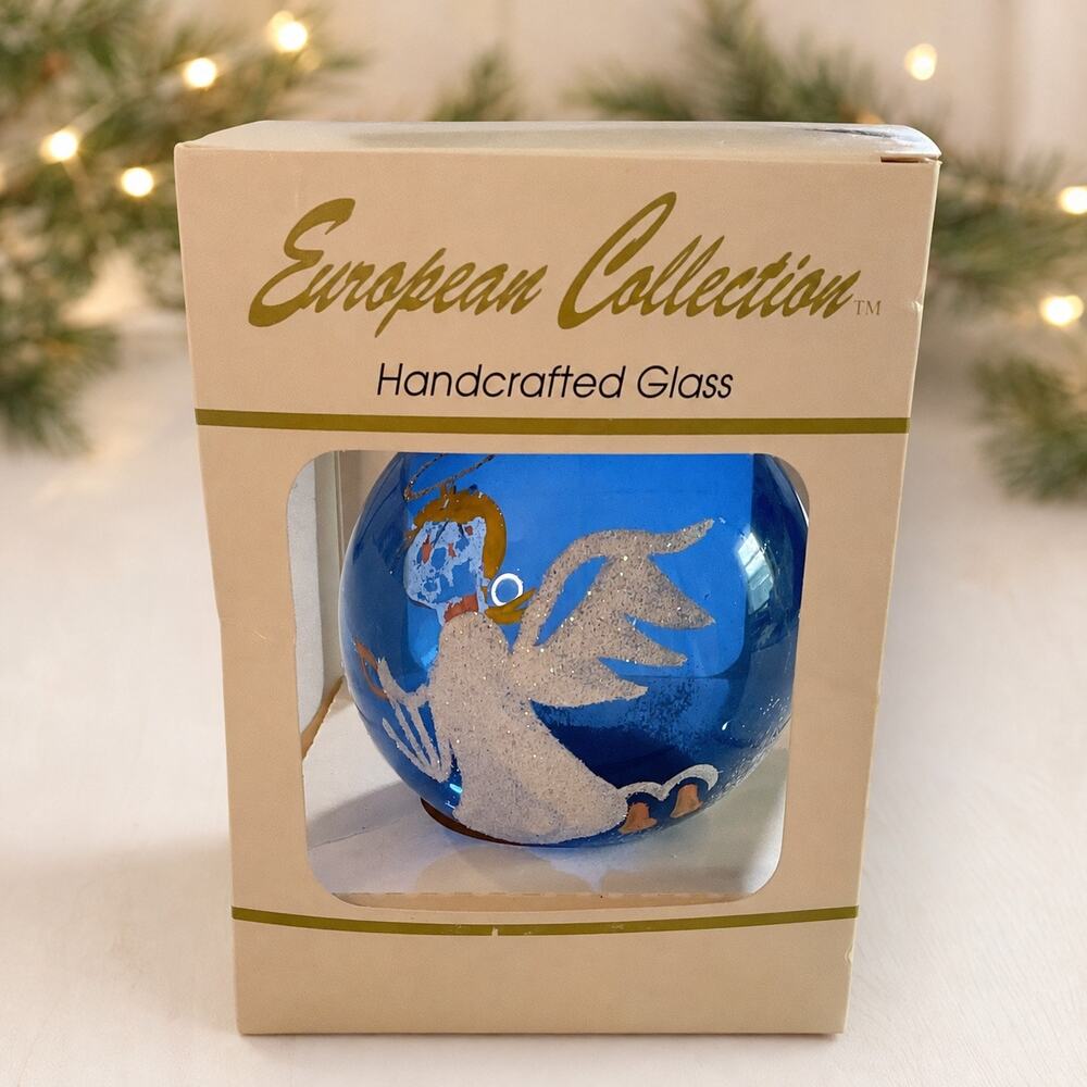 European Collection Handcrafted Glass Blue Goose Christmas Ornament in Box